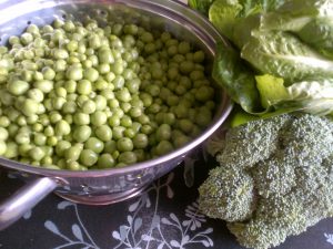 Peas and Broccoli and Lettuce all from the garden.. I have had around 7 pounds of peas off so far.